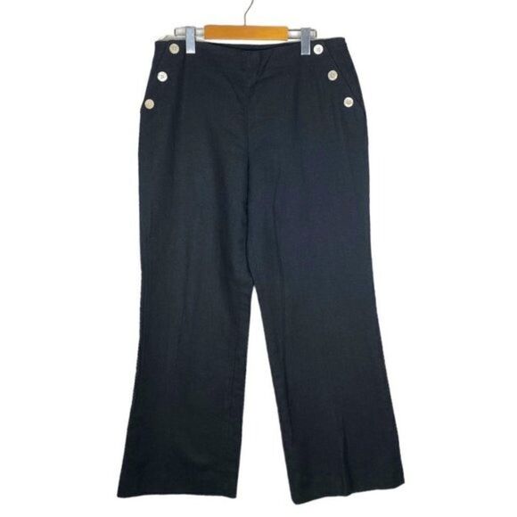 PRECIS PETITE Women's Black Linen High Rise Wide Leg Trouser Buttons US 14 - Picture 1 of 8